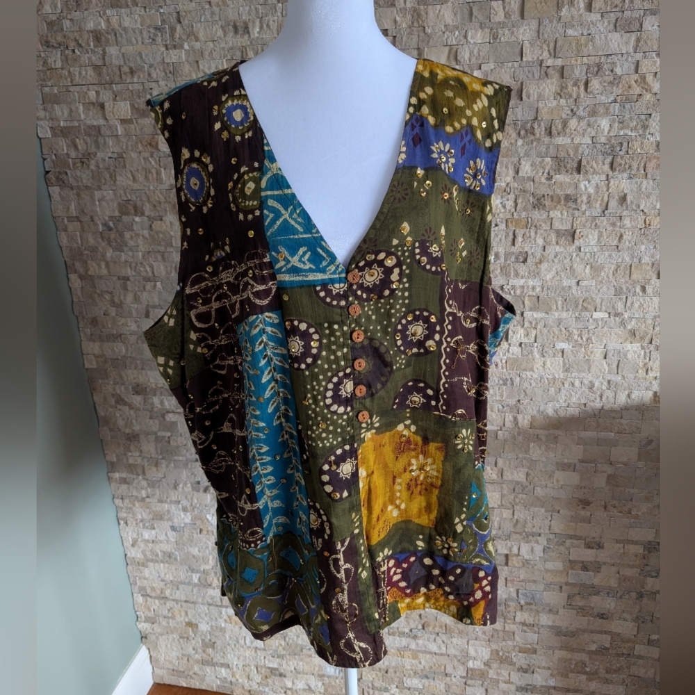 Vintage Hippie Bohemian Cotton Eco Sleeveless Beaded Top 2X Plus Size Oversized